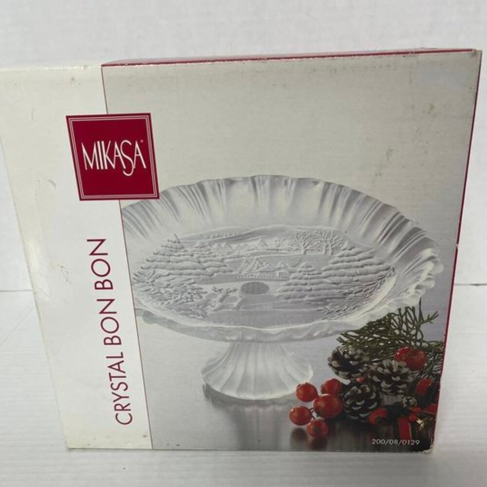 MIKASA Crystal FOOTED BON BON DISH Germany Winter Scene 9”HOLIDAY CLASSICS 10.5
